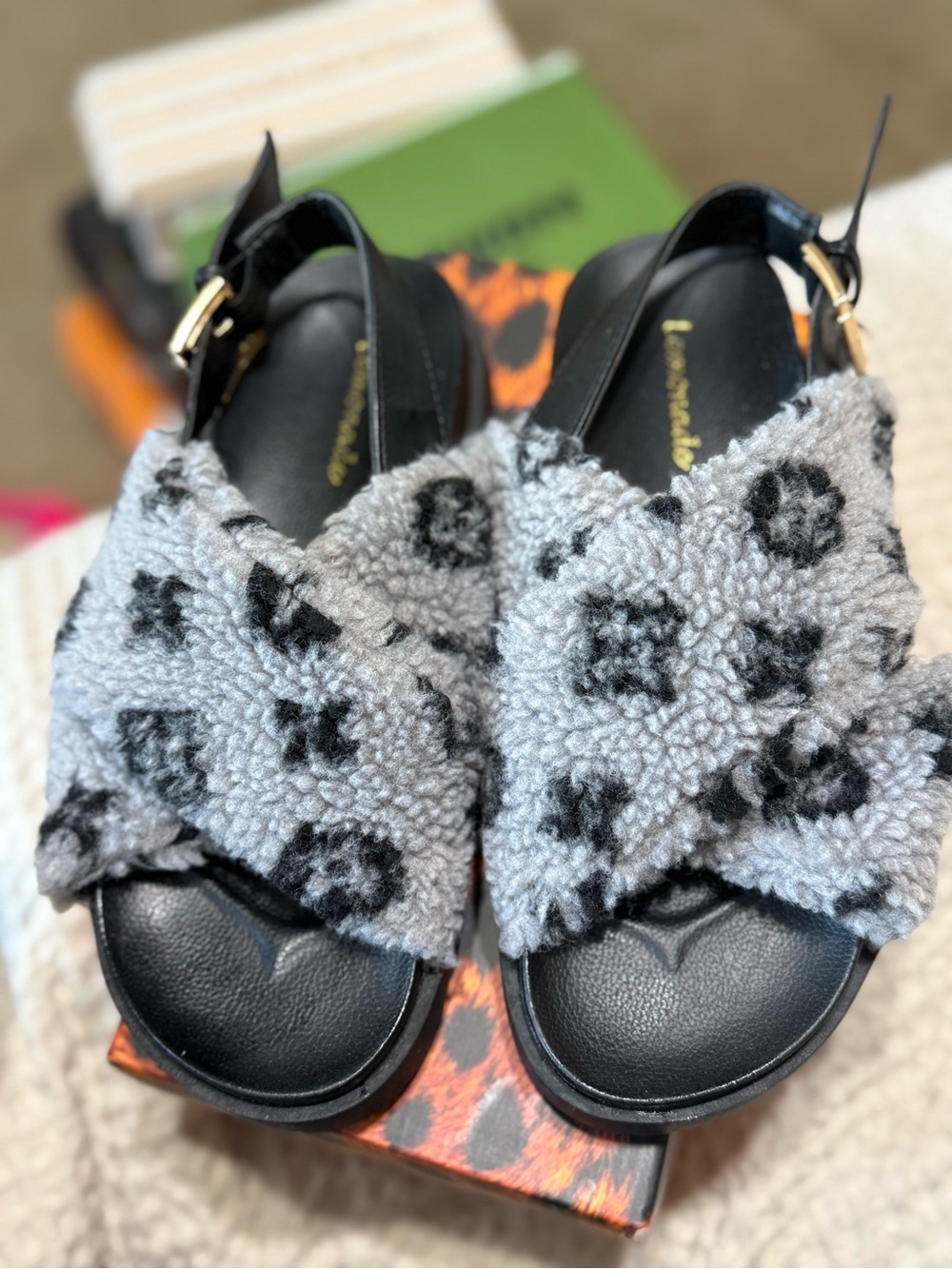 Kids Gray & Black Fuzzy Crisscross Sandals